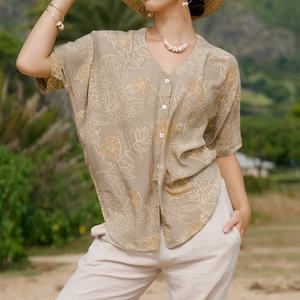 Camisa de Manga Corta con Botones y Cuello Redondo con Estampado Hawaiano de Diseñador de Fábrica, Camisa de Algodón Personalizada y Agradable al Tacto - Product Image 1