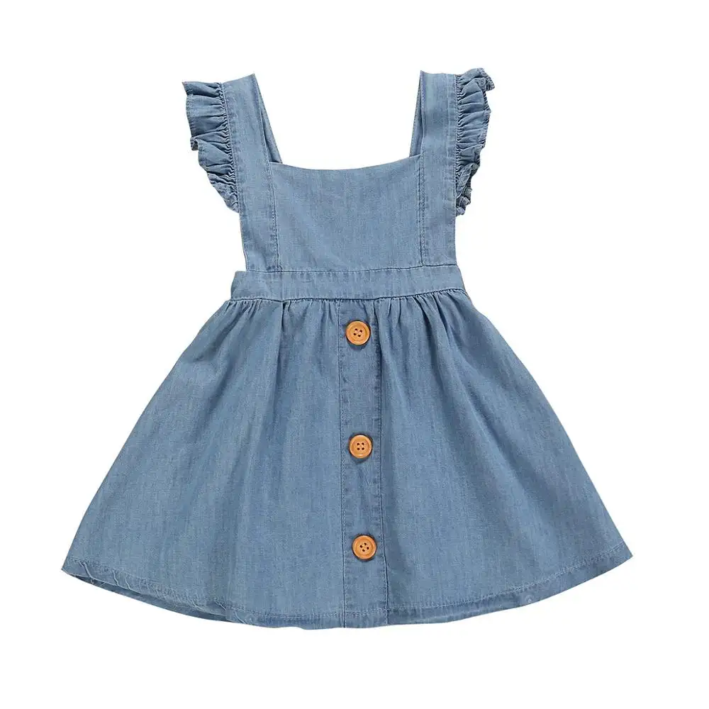 Del bambino Vestiti Della Ragazza Vestiti Del Bambino Del Bambino Delle Ragazze Dei Capretti Solido Fly Manica Denim Abiti Da Principessa di estate Vestiti denim