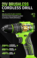 Perceuse à percussion sans fil sans balais 21V 300W 45N.m 0-400/1400 tr/min Mandrin 3/8 po 10 mm Kit 28 pièces avec batterie 1,5 Ah et chargeur Faible MOQ