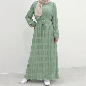 Baju Wanita lengan panjang kasual Boho musim gugur gaun Abaya sederhana sifon Melayu muslim mengalir A-Line leher berdiri lengan panjang