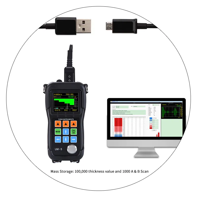 USB lưu trữ dữ liệu yushi NDT thông qua lớp phủ siêu âm đo độ dày um5dl với màu b-scan sống a-scan dạng sóng điều chỉnh