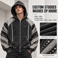 Sweat à capuche zippé personnalisé avec clous, en molleton de coton épais, avec panneaux en strass, pour homme, style streetwear