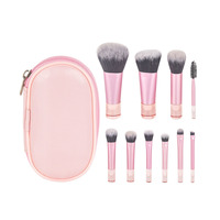 Lot de 10 mini-pinceaux de maquillage portables de voyage, à manche court, avec sac en PU rose pour le voyage