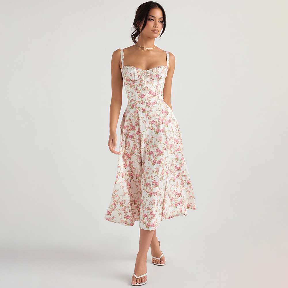 Ocstrade 2022 New Arrival US Size Summer Slip Floral Dress Backless Sleeveless Slit Midi A Line Dress Women Slim Fit Casual Dres