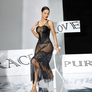 408 ODM Siyah Dantel Dalgalı Noktalı File Gecelik Askılı Uzun Perspektif Seksi Genç Kadın Pijama Takımı - Product Image 4