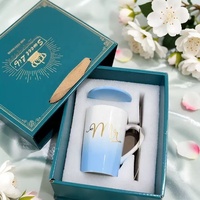 Ensemble de tasses en céramique dégradées de 12 oz avec couvercle, cuillère, serviette et boîte cadeau - Cadeaux unisexes pour anniversaires et fêtes, impression sérigraphique