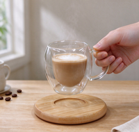 Mug en verre borosilicate à double paroi en forme de citrouille, 65 ml, avec poignée transparente et sous-verre en bambou pour café, thé, latte