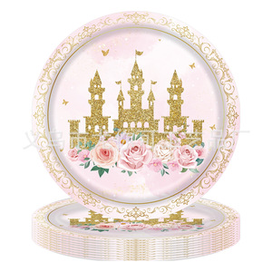 Ensemble de vaisselle jetable sur le thème du château floral, nappe, assiettes, couverts, décoration d'anniversaire princesse rose, 2-4 ans - Product Image 2