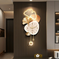 Reloj de Pared Analógico de Cuarzo con Hoja de Ginkgo Retroiluminada por LED, Péndulo de Metal, Doble Placa Irregular, Silencioso, sin Tictac, Decorativo