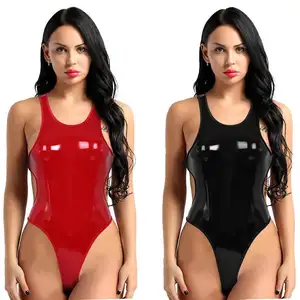 Luxury Womens latex Thong Monokini Sleeveless Backless High Cut One-piece Bodysuit Leotard