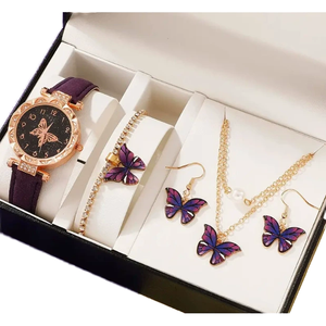 Новый модный набор украшений: часы, кольцо с бабочкой, ожерелье, серьги, роскошные часы с водными бриллиантами, повседневный браслет. - Product Image 1