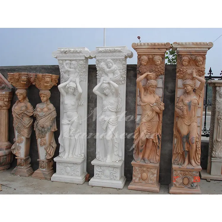 Estátuas de mulheres em pedra natural personalizadas por atacado, coluna romana, pilares quadrados de mármore exteriores