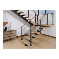 Escalier à monopoutre en acier découpé au laser, montantes ouvertes, marches en noyer, main courante minimaliste