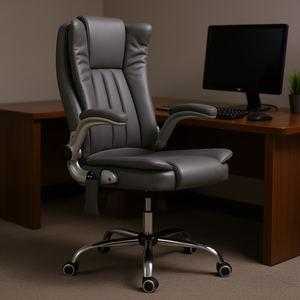 Chaise de bureau massante à dossier haut gris avec accoudoirs rabattables, chaise de bureau pivotante chauffante et vibrante, base en métal, pieds chromés - Product Image 2