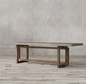 Table à manger carrée en bois récupéré rustique américain 8 places en béton posé sur un noyau en bois