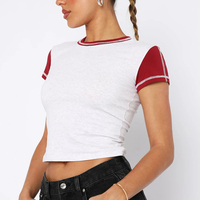 T-shirt basique ajusté à double doublure pour femme, design personnalisé, coutures contrastées, coupe slim, en coton, style crop top – Grande Vente