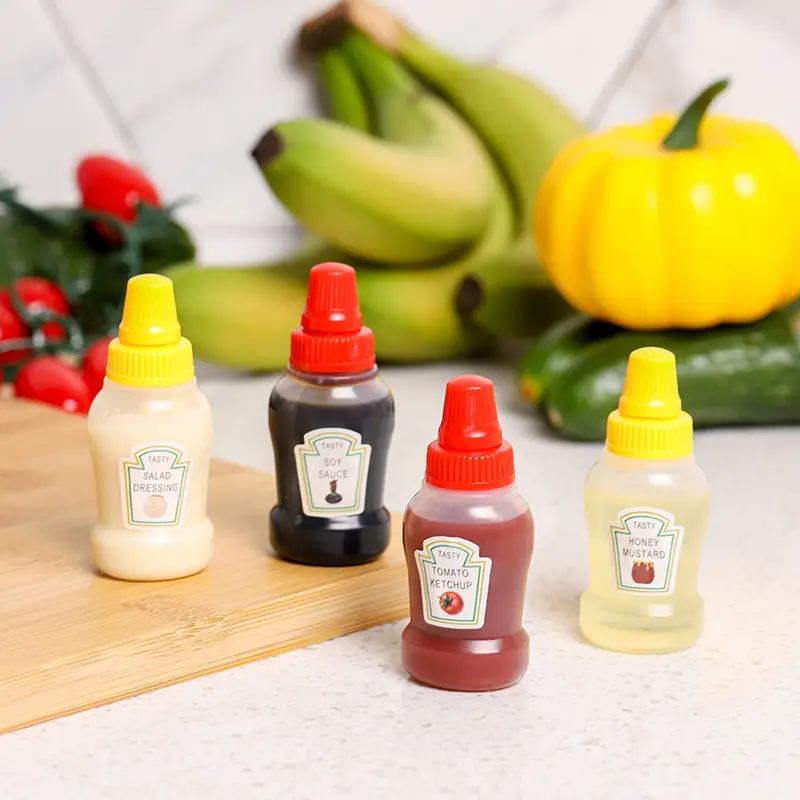 Nuevo diseño de botella de salsa de grado alimenticio, mini botella de ketchup bonita con cocina y botella de plástico exprimible para el hogar