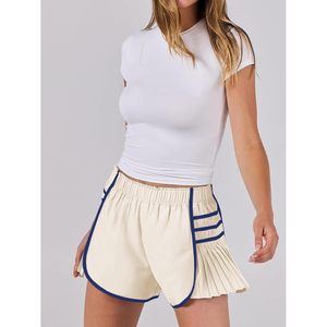 Fisoew Pantalones cortos deportivos para mujer, pantalones cortos deportivos plisados ​​con costuras en contraste, cintura elástica, de secado rápido, para correr - Product Image 2