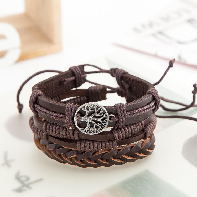 Tree of Life Wood Beads Braided Leather Bracelets for Men