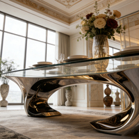 Table à manger ovale en verre de luxe moderne, table d'appoint à base courbée argentée pour salle à manger, convient à 6-8 personnes et aux hôtels
