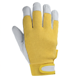 Gants de travail en cuir jaune et gris, bouts des doigts texturés, poignet tricoté, antidérapants, gants de sécurité polyvalents - Product Image 2
