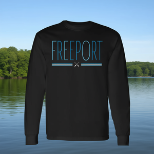 Freeport Long Island Ny Oars Maglietta a maniche lunghe con scritta blu - Product Image 3