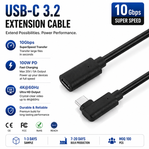 Cable de Extensión USB 3.2 Gen 2 de LUNG KAY, Fabricación OEM, 10Gbps, PD 100W, 5A, Carga Rápida, Cable Tipo-C de 90 Grados en Ángulo Recto - Product Image 1