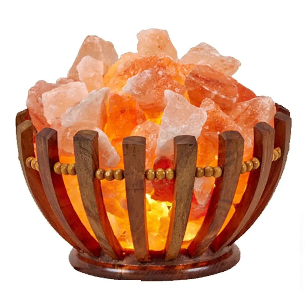 Lâmpada de sal do Himalaia de alta qualidade estilo Feng Shui tigela de fogo com técnica polida bela cesta de madeira decoração embalagem