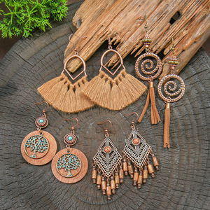 Boucles d'oreilles pendantes géométriques bohèmes en alliage de cuivre plaqué bronze antique pour femme, ensemble de boucles d'oreilles de fête tendance - Product Image 2