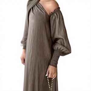 Vestido Maxi Boho con Hombros Descubiertos, Manga Abullonada, Encaje Dulce, Tejido Holgado, Chifón de Color Liso, Estilo Casual - Product Image 4