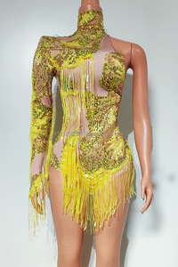 Traje <span class=keywords><strong>de</strong></span> actuación <span class=keywords><strong>de</strong></span> anillo colgante <span class=keywords><strong>de</strong></span> una pieza con borla apretada y sexy <span class=keywords><strong>de</strong></span> cuello alto <span class=keywords><strong>de</strong></span> malla <span class=keywords><strong>de</strong></span> diamante completo <span class=keywords><strong>de</strong></span> una manga - Product Image 4