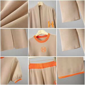Completo da <span class=keywords><strong>Donna</strong></span> Primaverile Autunnale Semplice Versatile Elegante Antirughe a Maniche Corte con <span class=keywords><strong>Pantaloni</strong></span> a Gamba Larga in Maglia Misto <span class=keywords><strong>Lana</strong></span> Lunghezza Intera - Product Image 3