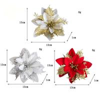 Dekorasi Pohon Natal QY, Aksesoris Plastik DIY, Perlengkapan Liburan Natal, Bunga Poinsettia, Hiasan Bunga Glitter Buatan