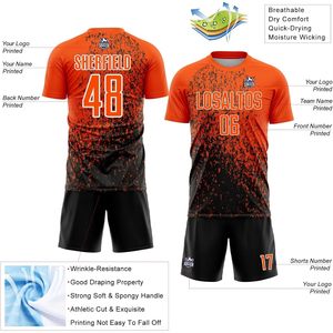 ชุดเสื้อฟุตบอลแบบกำหนดเองสำหรับผู้ใหญ่ ยูนิเซ็กซ์ แห้งเร็ว คอวี พิมพ์ลายชื่อ เบอร์ และโลโก้ทีม สีส้มดำ - Product Image 3