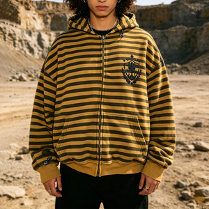 Vêtements sur mesure, sweat à capuche oversize zippé pour homme, haute qualité, 100% coton, logo brodé, design imprimé rayé, fabricant de sweats à capuche - Product Image 3