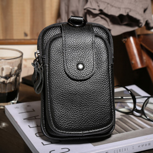 Men's Genuine Leather Vertical Waist Bag Black Fashionable <b>Work</b> <b>Phone</b> Storage Bag Everyday Outfits - Product Image 2
