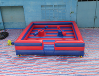 Arène de joute gonflable rayée rouge et bleue, ensemble complet avec gants, casques et lances gonflables en PVC pour jeux de combat