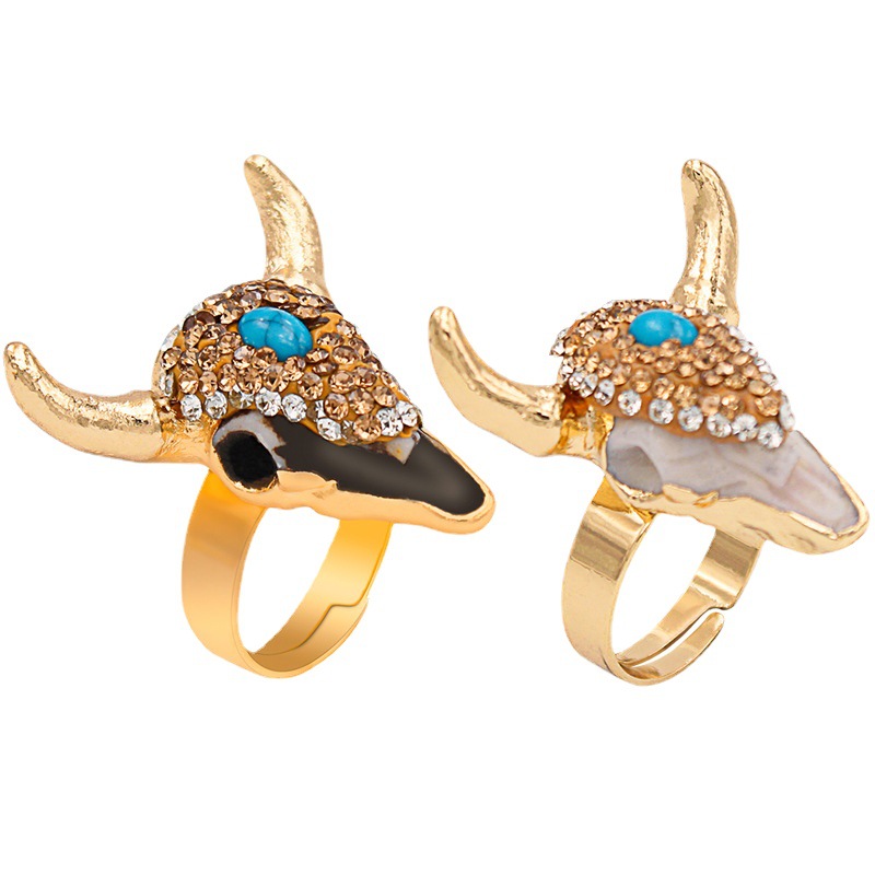 Bull Head Crystal Rings Cow Head Bone Charm Diamond Blue Resin