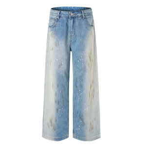 Vaqueros anchos OEM para hombre, blancos con salpicaduras de pintura, lavado sucio azul claro, efecto manchas de barro, estilo vintage de <span class=keywords><strong>pintor</strong></span> - Product Image 1