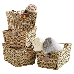 Multipurpose stackable seagrass storage basket handwoven laundry organizer totes for bedroom, living room, bathroom, shelves