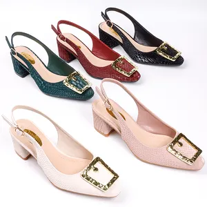 2023 New Girls Sexy Luxury Stiletto Party Bridal Dress Shoes Women Square Toe Snake Skin Metal Buckle Pumps Block Heeled Sandals