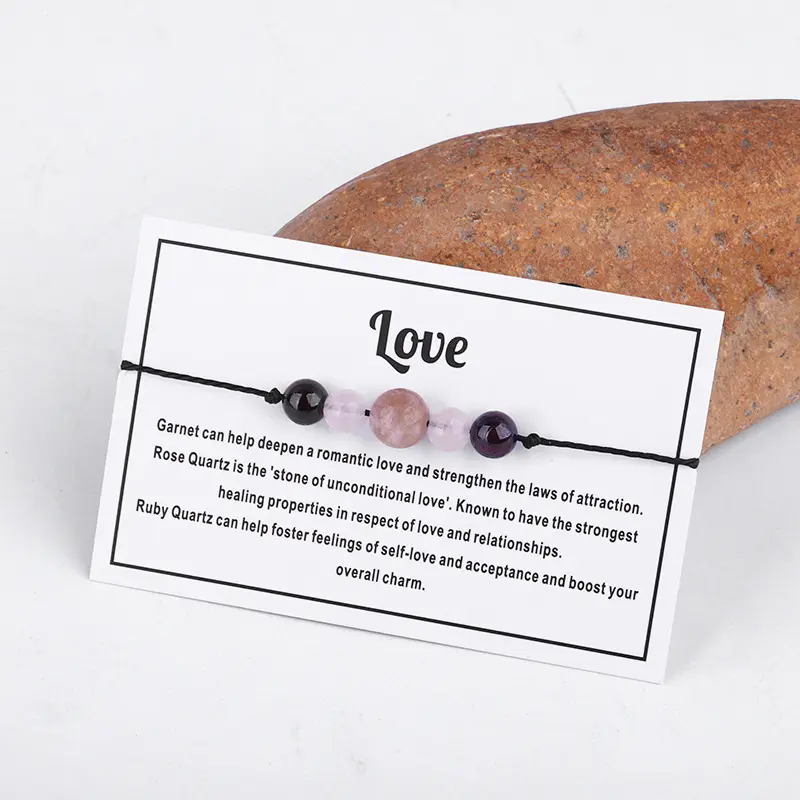 Cuentas de piedra Natural de cuarzo rosa, pulsera de tarjeta de amor, KSB005