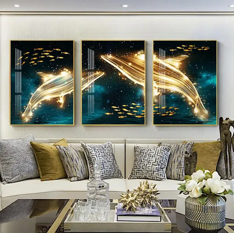 Living room decorative painting triptych fish picture mural modern minimalist sofa background wall crystal porcelain painting
