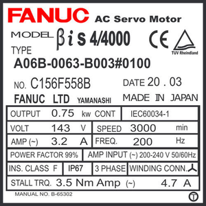 มอเตอร์ AC ของ FANUC รุ่น I S 4/4000 หมายเลข A06B-0063-B003-0100 คุณภาพสูงสำหรับการผลิต ระบบอัตโนมัติ และหุ่นยนต์ - Product Image 4