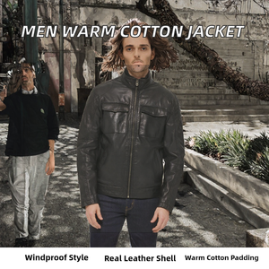 Veste en cuir pour homme, style varsity, chaude, décontractée, avec fermeture éclair, col montant, rembourrée en coton, teinte unie - Product Image 2