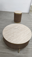 Table basse ronde de luxe contemporaine avec base en bois et plateau en marbre et acier inoxydable pour la maison, l'hôtel, le salon