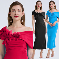 Robe de soirée élégante pour femme, 3 couleurs, sexy, asymétrique à une épaule, unie, avec décoration florale, fendue, coupe droite, longueur mi-mollet