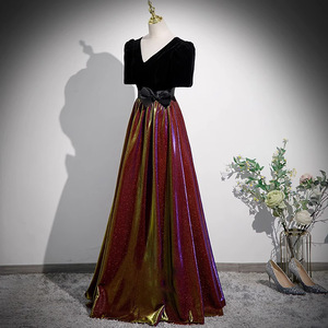 Black Gradient Velvet Evening Gown V-Neck A-Line Mid Sleeve Elegant Formal Dress For Women - Product Image 2