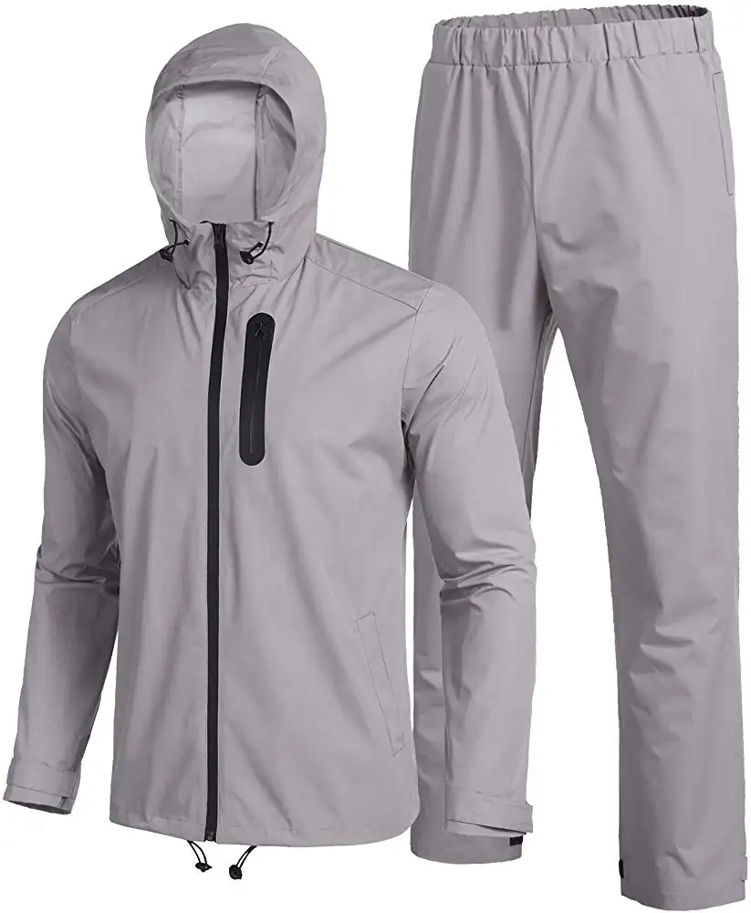 Men PU Coating Waterproof Water Repellent Lightweight Outdoor Hooded Hiking Running Grey Color Rain Spray Jacket and Pant Suit