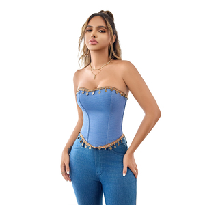 Corset bleu vintage avec décoration de perles rondes couleur cuivre, corsage Renaissance pour femmes, bustier court - Product Image 5